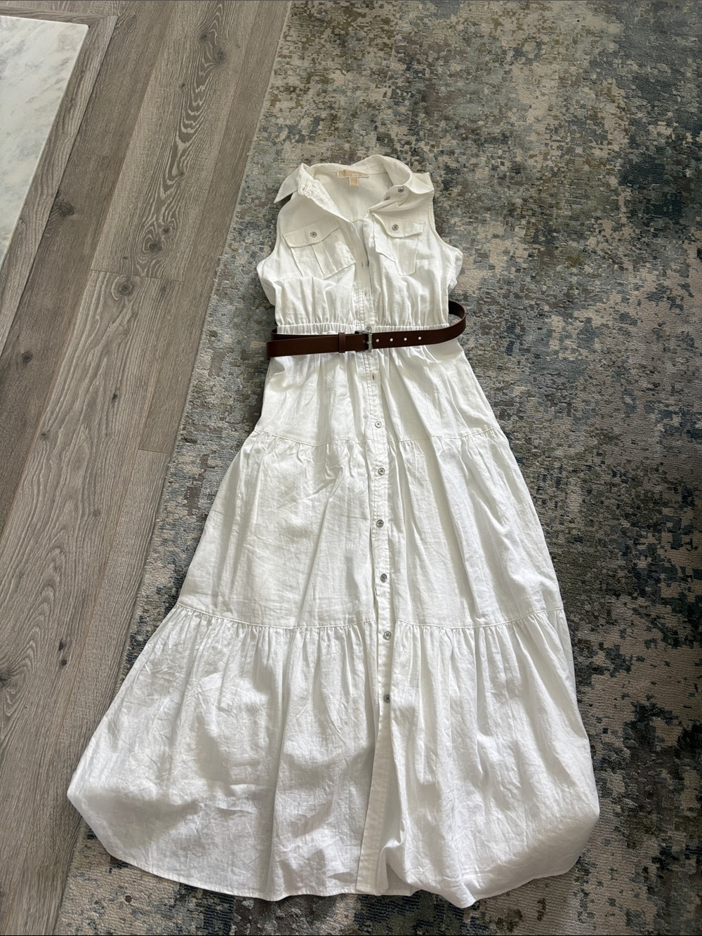 MICHAEL Michael Kors Sleeveless White Button-Front Maxi Dress with Brown Belt